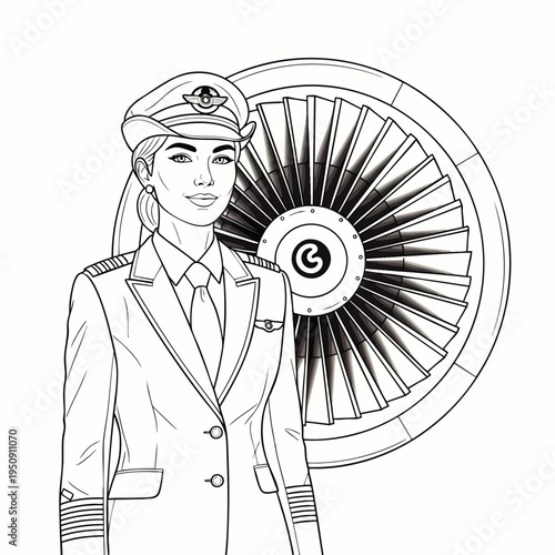 Confident female pilot in uniform with airplane engine turbine behind her, an inspiring black and white line art illustration of aviation career success.