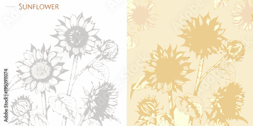 Stylized sunflower illustration featuring a split grayscale and golden design