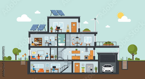 Modern Sustainable Smart Home Cross Section with Solar Panels, Wind Turbine, and Electric Car in Garage for Green Living and Renewable Energy Concept Vector Illustration
