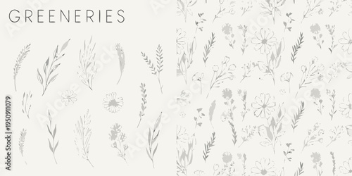 Delicate botanical illustrations of wildflowers and grasses on a white background