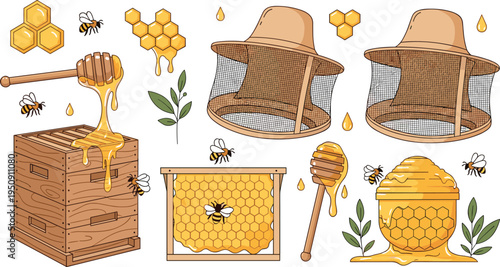 Beekeeping Honey Production Vector Set Featuring Beehive Box, Honeycomb Frame, Honey Dipper, Bees, Beekeeper Hat, and Dripping Natural Honey Elements