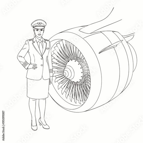 Line art illustration of a confident female airline pilot in uniform standing proudly next to a powerful jet engine, symbolizing aviation careers and modern technology.