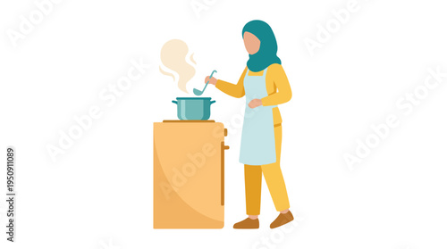 Woman in hijab cooking with a pot on a stovetop, flat design illustration