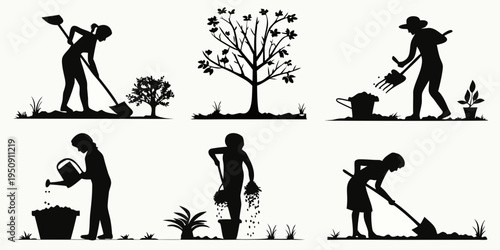Silhouettes of people gardening with various plants and tools