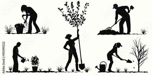 Silhouettes of people gardening and tending to plants outdoors