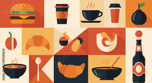 Flat Design Food and Drink Icons Collection - Minimalist Vector Illustration of Restaurant, Cafe, and Bakery Menu Elements