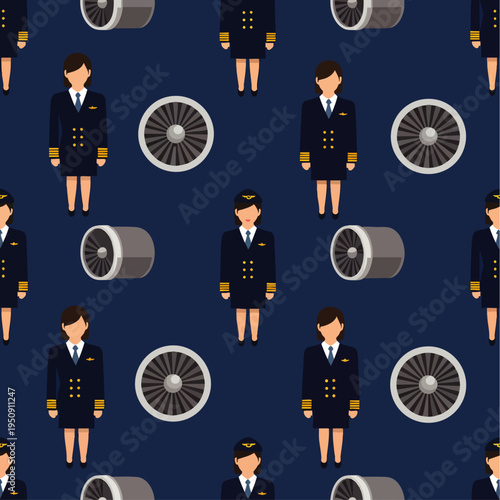 Seamless pattern featuring flat design airline pilots, flight attendants, and jet engines. Modern vector illustration for aviation, air travel, and transport industry themes.