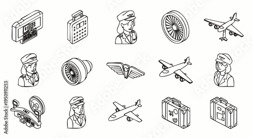 Isometric line icons set of aviation, air travel, and airport elements including airplanes, pilots, luggage, and jet engines in black and white outline.