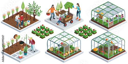 Isometric garden scene depicting people tending to plants and greenhouses