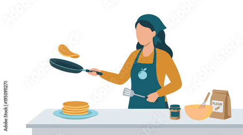 Woman flipping a pancake in a pan, cooking breakfast with ingredients