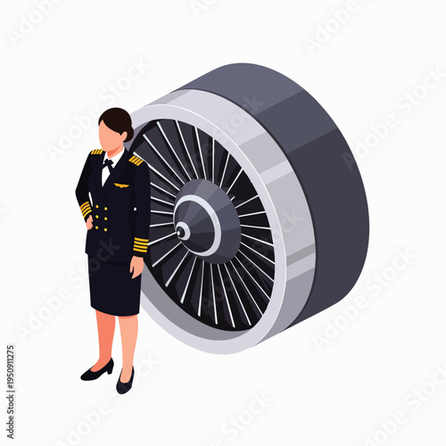 Isometric illustration of a female pilot in uniform standing proudly next to a powerful jet engine, symbolizing women in aviation, career, and modern technology.