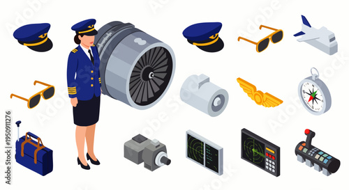 Isometric aviation pilot equipment set. Female pilot in uniform, jet engine, cockpit controls, pilot hats, sunglasses, and various aircraft components.
