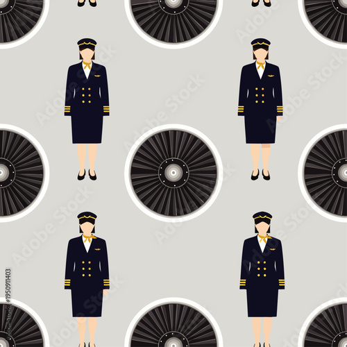 Seamless pattern featuring female pilots in uniform and aircraft jet engines. Flat vector illustration for aviation, air travel, and professional women.