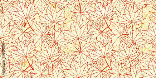 Seamless pattern of delicate overlapping autumn maple leaves in warm tones