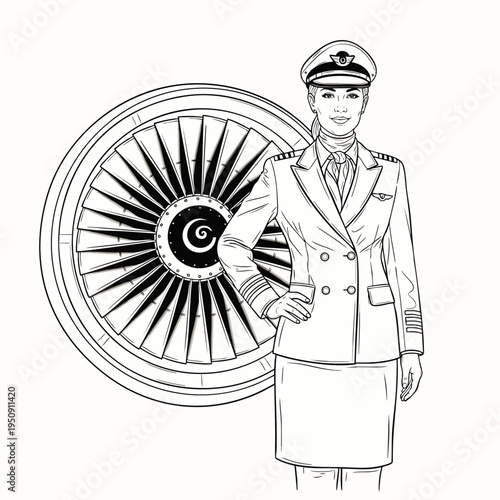 Professional female pilot in uniform standing confidently in front of a detailed jet engine turbine. Line art vector illustration for aviation careers and technology.