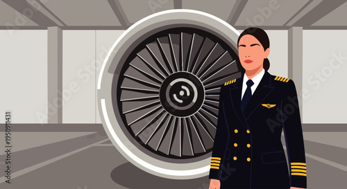 Confident female airline pilot in uniform standing by a powerful jet engine, illustrating professional women in aviation, travel, and technology careers.