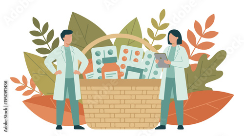 Pharmacists and natural medicine concept with drugs in a basket