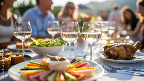 Elegant outdoor dining setting with delicious food and white wine under golden sunlight
