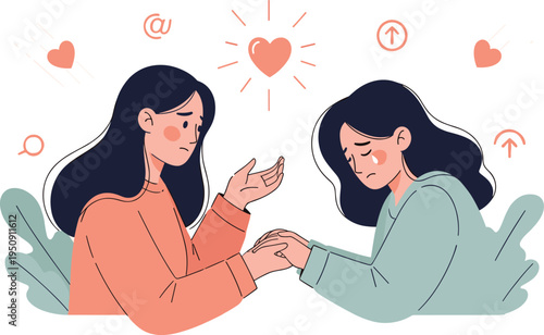 Friend comforting sad woman with empathy support and emotional care mental health awareness vector illustration