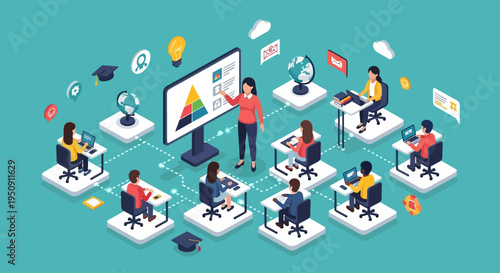 Isometric Online Education Concept with Teacher and Students in Virtual Classroom for E-learning, Remote Study, and Digital Training