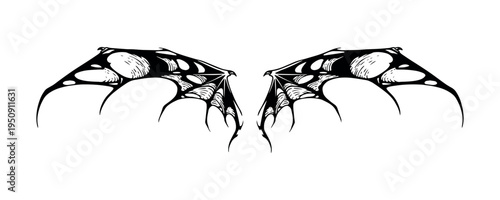 hand drawn black and white gothic bat wings illustrations, dark art element perfect for tattoo, streetwear design