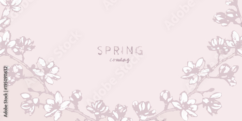 Delicate pink floral illustration with the word spring centered within