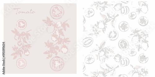 Botanical tomato illustration with repeating pattern and handwritten text