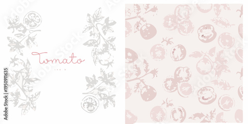 Pale pink tomato pattern with botanical illustrations and handwritten text