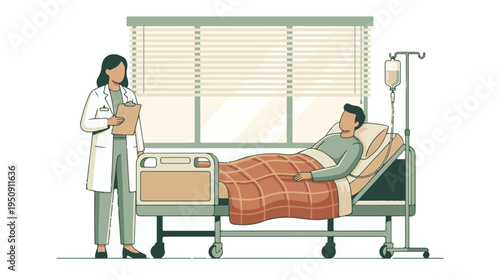 Healthcare worker with clipboard talking to patient in hospital bed