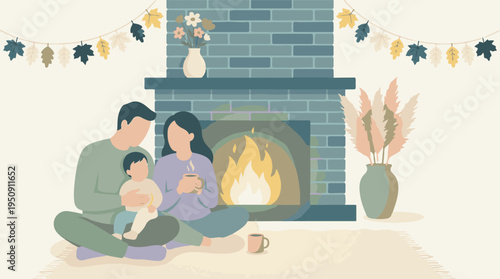 Happy family with baby enjoying a cozy evening by the warm fireplace