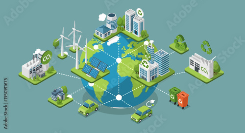 Isometric Illustration of Global Sustainable Green Energy and Environmental Ecology Concept with Wind Turbines, Solar Panels, Electric Vehicles, and Carbon Neutral Cities