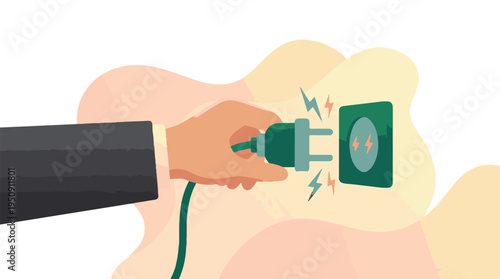 Hand plugging an electrical cord into a wall socket, power connection concept