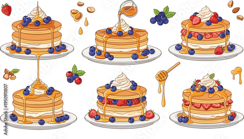 Berry Pancake Dessert Vector Set Featuring Pancake Stacks with Blueberries, Strawberries, Honey Drizzle, Cream Topping, and Sweet Breakfast Plates
