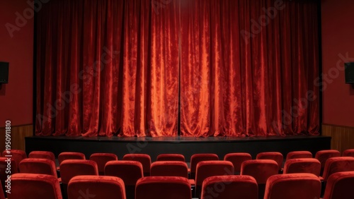 Theater Auditorium with Red Velvet Curtains and Rows of Red Seats in a Movie Theater