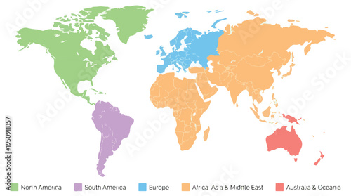 Simplified world map illustrating continents and major geographic regions