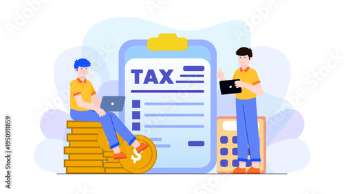 Workers managing tax returns with stacked coins and calculator