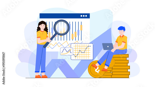Financial analysis with magnifying glass over candlestick charts