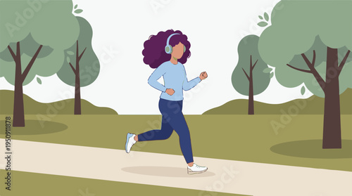 Woman jogging in park with headphones, enjoying healthy outdoor lifestyle