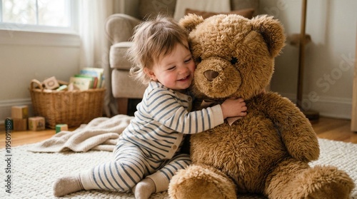 Toddler boy hugging teddy bear while sitting on carpet indoors  