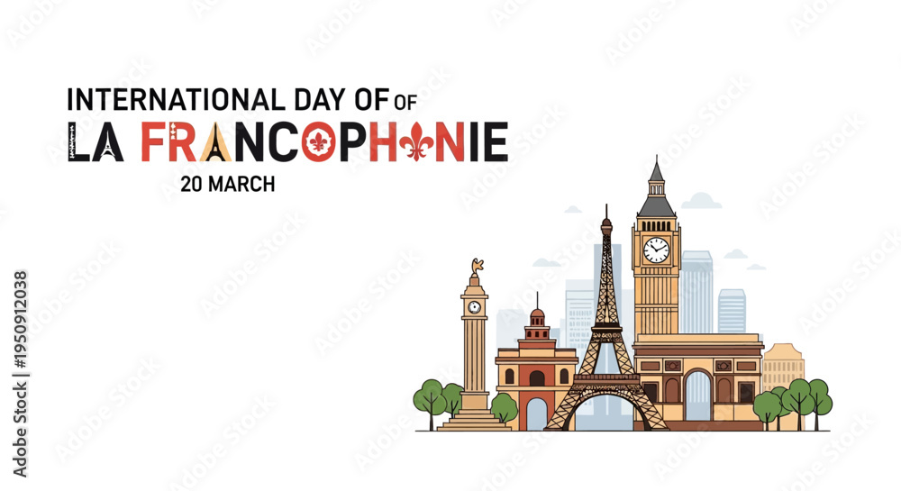 Naklejka premium Illustration celebrating International Day of La Francophonie with iconic buildings and landmarks on a white background, symbolizing French language and culture.