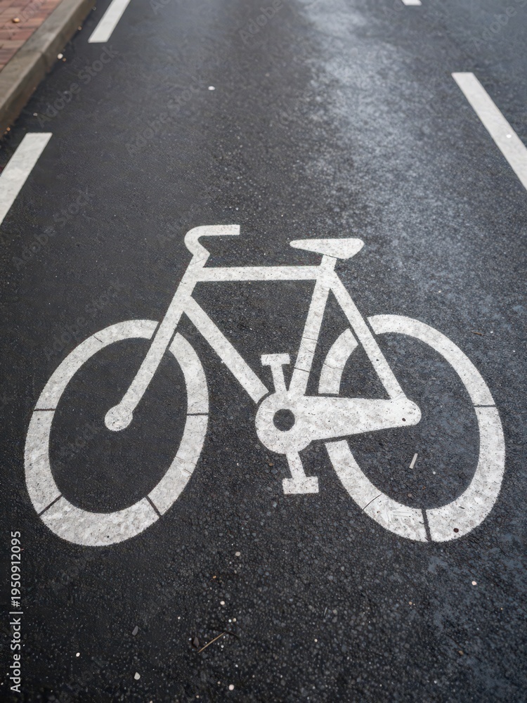 Obraz premium White Bicycle Lane Symbol Painted on Asphalt Road Indicating Bike Path