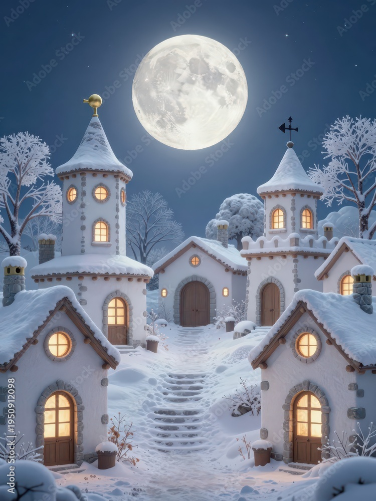 Fototapeta premium Whimsical Winter Village under Full Moon with Snow-Covered Houses and Glowing Windows