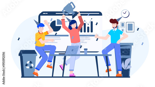 Happy business team celebrating project success and winning trophy