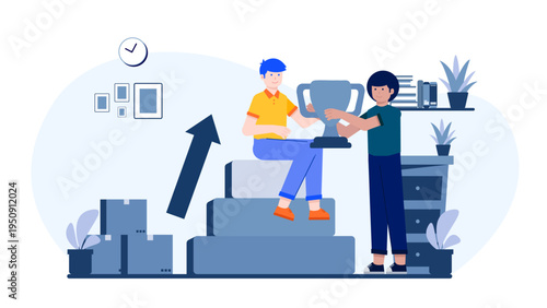 A leader supporting a colleague to achieve success and reach a championship trophy on stairs