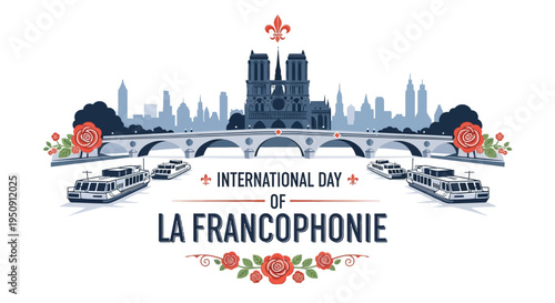 Vector illustration design celebrating International Day of La Francophonie with a cityscape, bridge, and floral elements on a white background.