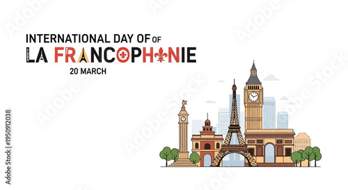 Illustration celebrating International Day of La Francophonie with iconic buildings and landmarks on a white background, symbolizing French language and culture.