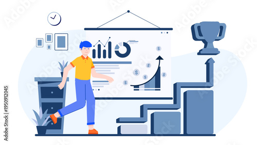 Professional man walking up a staircase toward a trophy representing career advancement