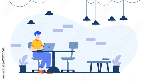 A digital nomad working remotely on a laptop in a modern and comfortable cafe environment