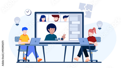 Professional remote team conducting a video conference call for project brainstorming and planning