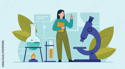 Female scientist in laboratory with chemistry equipment and microscope